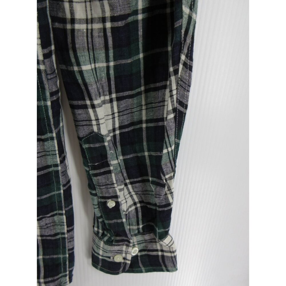 VINTAGE Gap Shirt XL Green Linen Button Up Tartan Plaid 90s Y2K Field - Picture 3 of 10